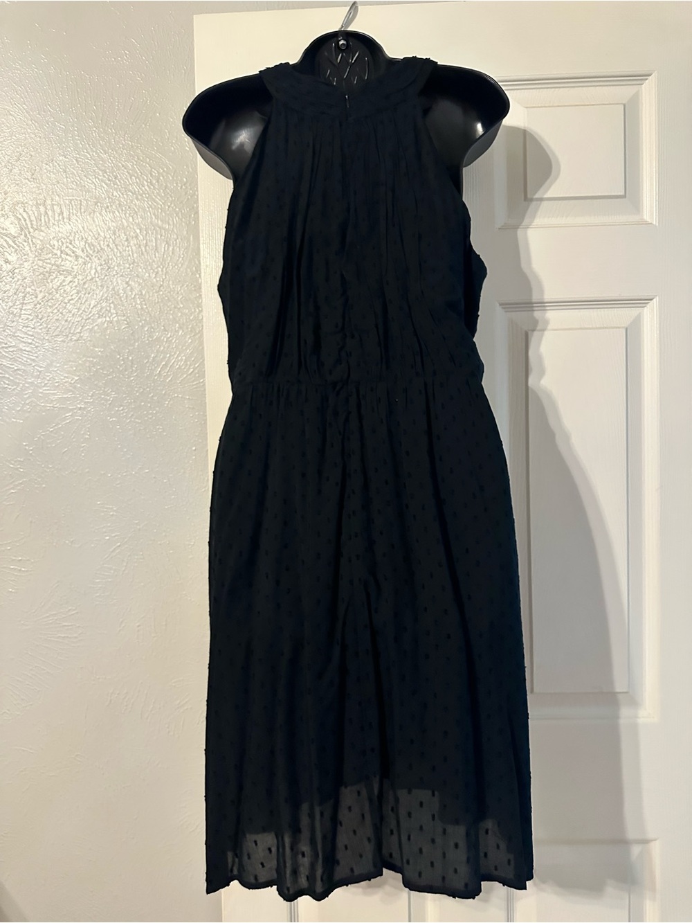 LOFT Black Sleeveless Midi Dress with Textured Dot Fabric